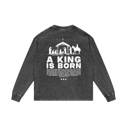 A King is Born Acid Wash Oversize Long Sleeve Tee