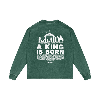 A King is Born Acid Wash Oversize Long Sleeve Tee